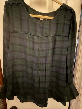 LOFT Dark Green and Black Plaid Long-Sleeve Blouse